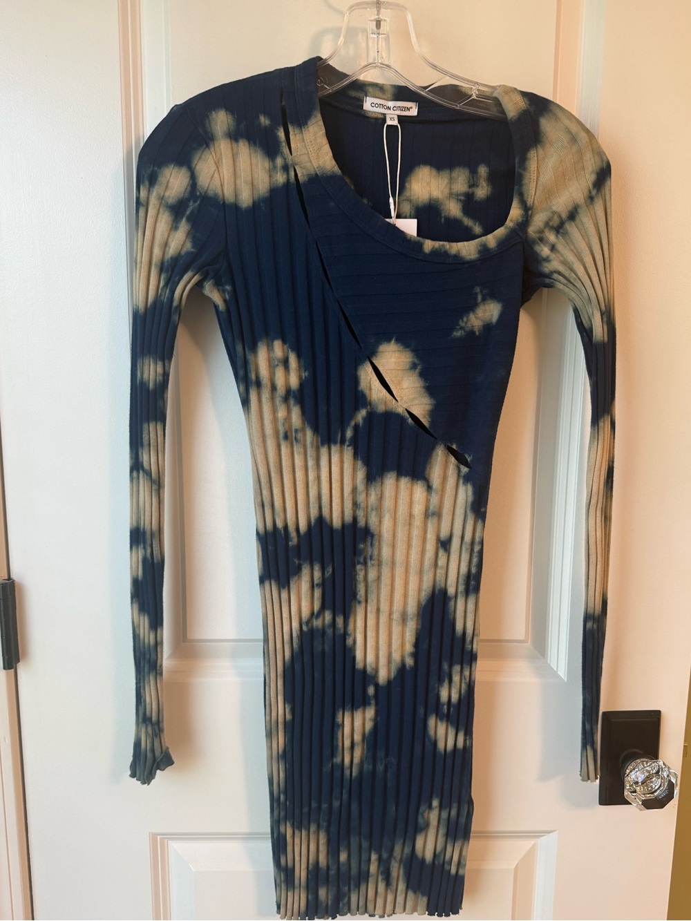 Cotton Citizen Navy and Beige Tie-Dye Ribbed Long Sleeve Dress